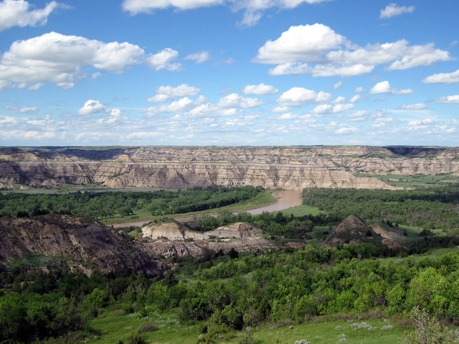 Badlands and river valley in western North Dakota